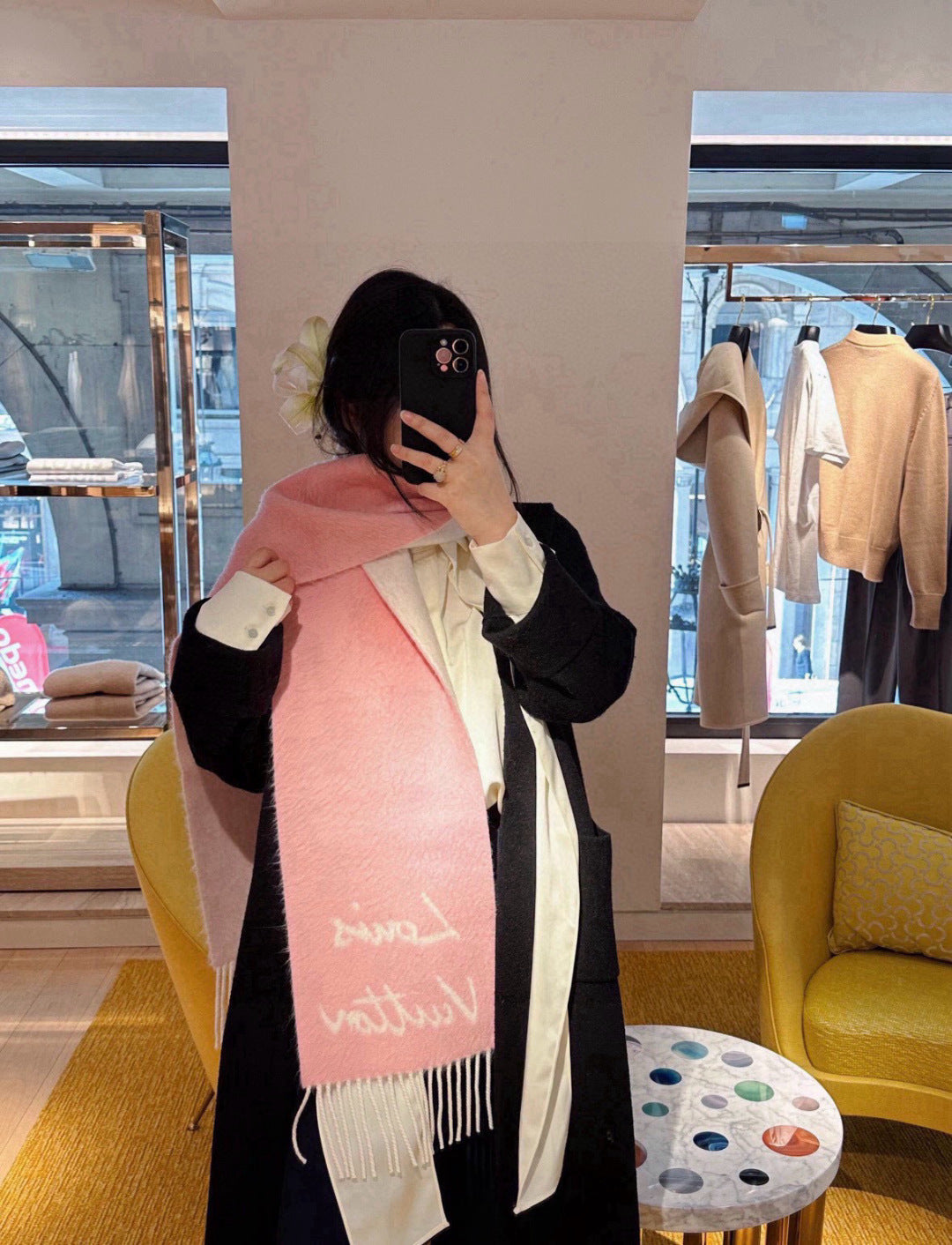 camel velvet floral Scarf for women - product detail view