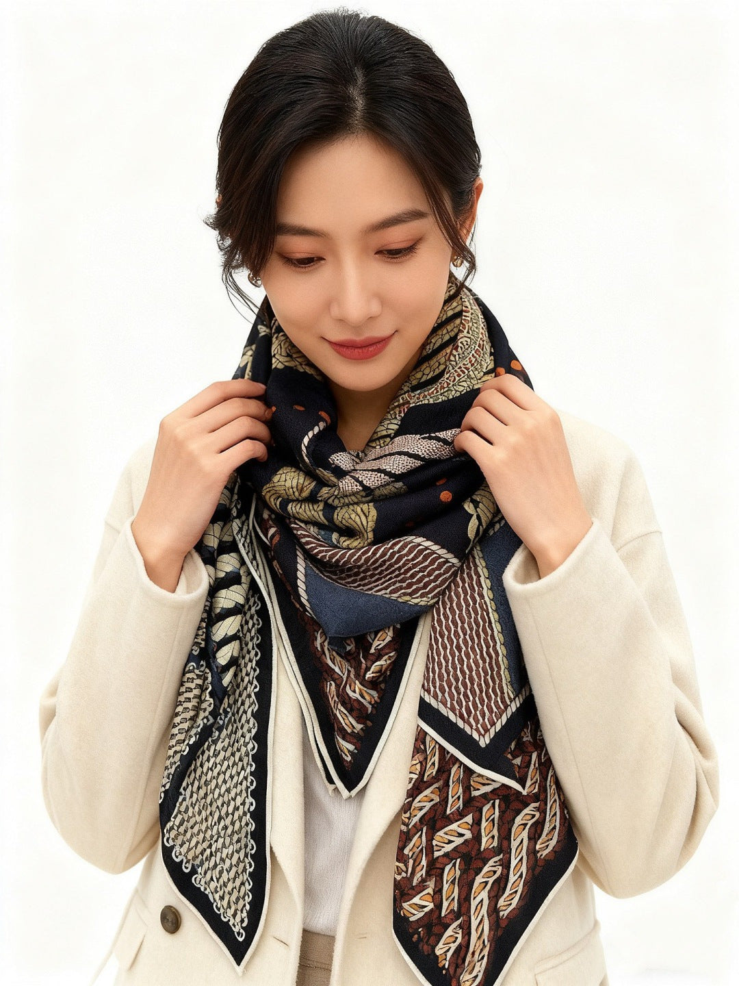 beige minimalist Silk Scarf for women - alternate angle view 2