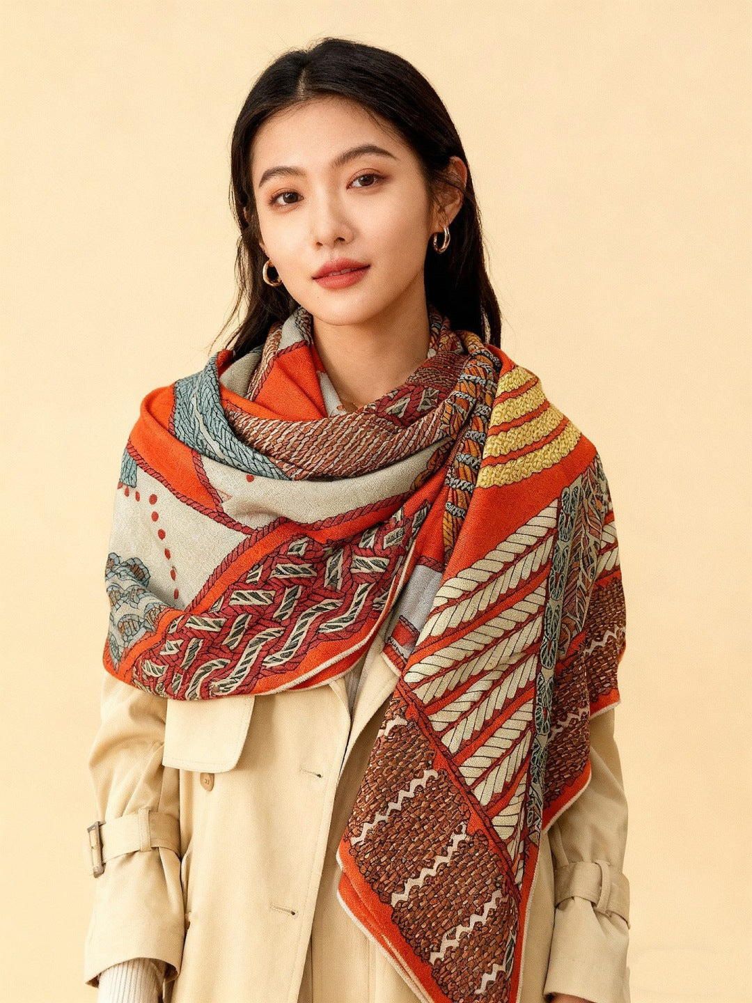 beige minimalist Silk Scarf for women - product detail view