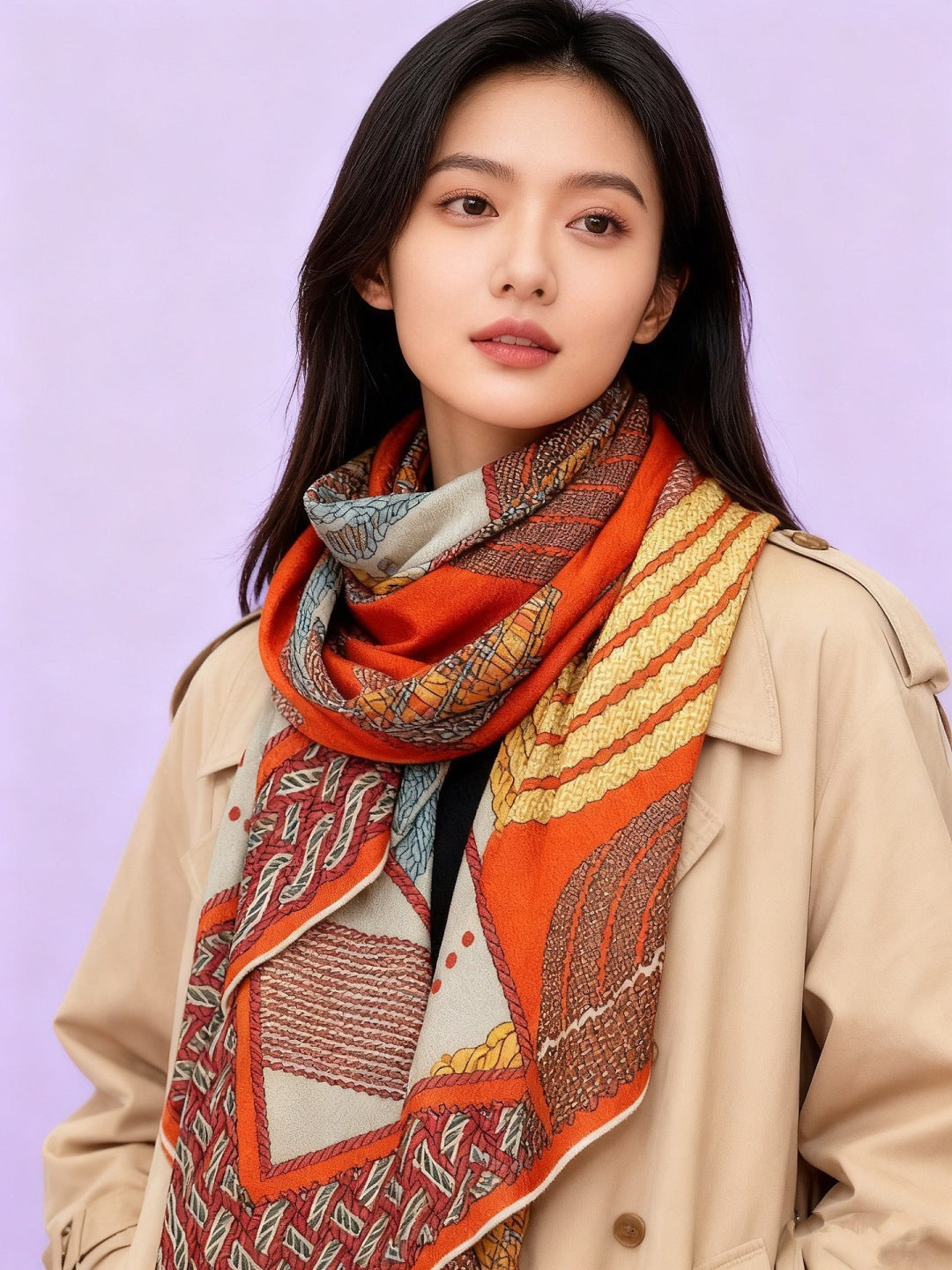 beige minimalist Silk Scarf for women - alternate angle view 2