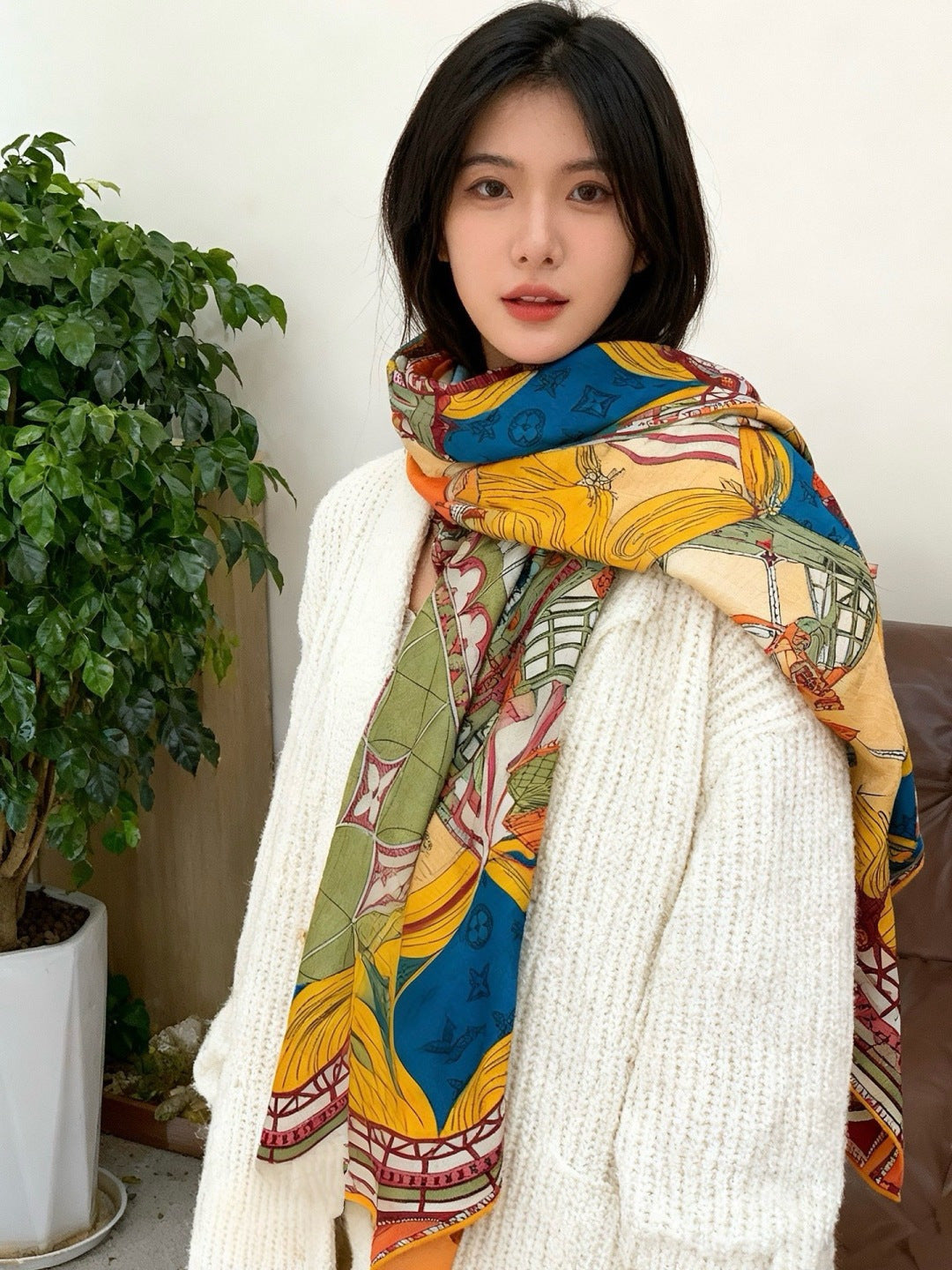 beige velvet floral Shawl for women - product detail view