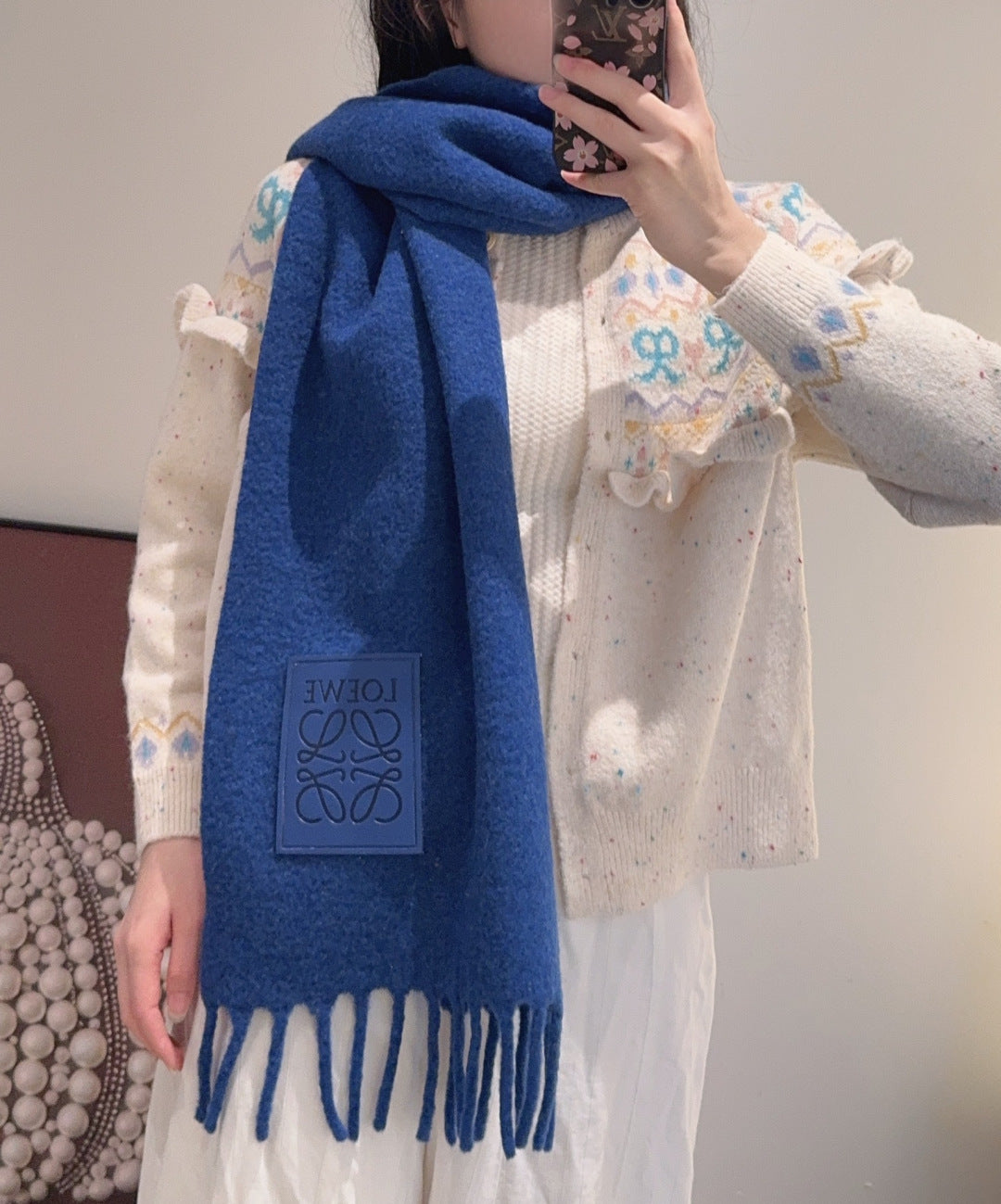 red genuine leather tassel Scarf for women - product detail view