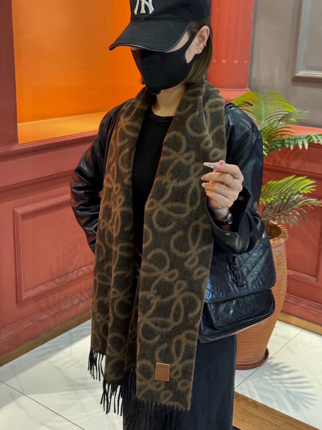 camel wool floral Scarf for women - product detail view