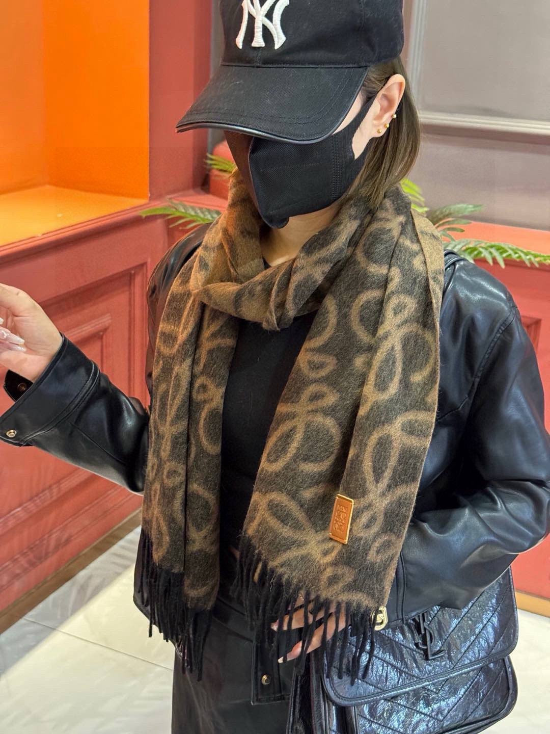 camel wool floral Scarf for women - alternate angle view 2