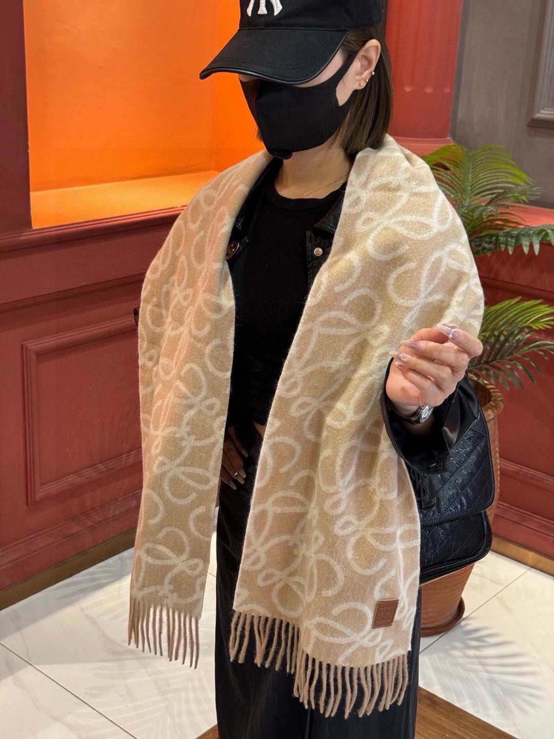 camel wool floral Scarf for women - product detail view