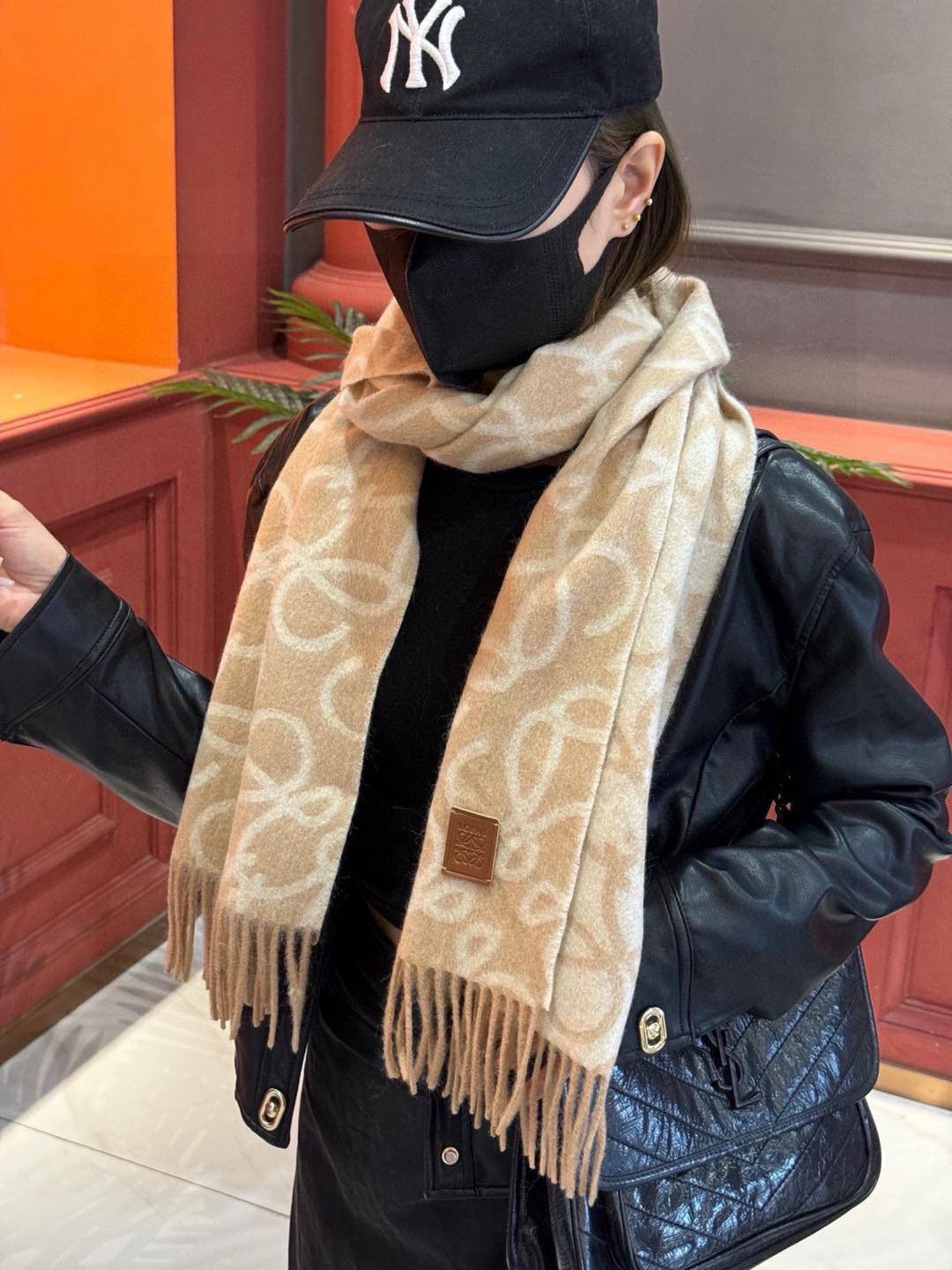 camel wool floral Scarf for women - alternate angle view 3