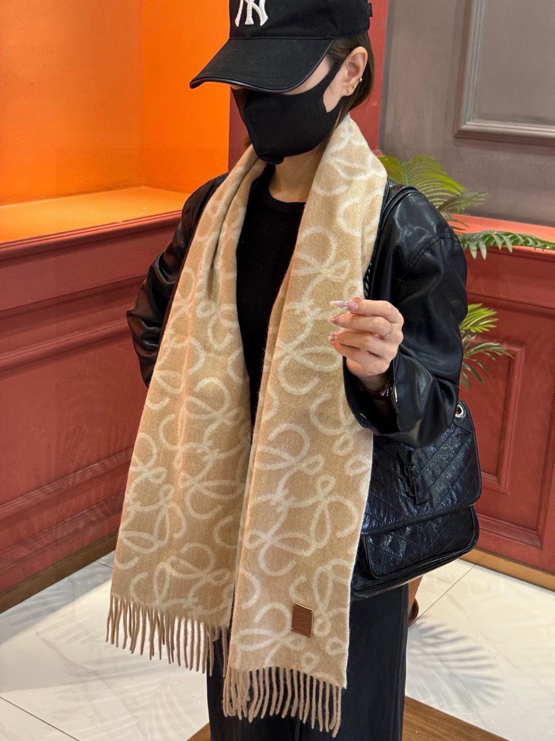camel wool floral Scarf for women - alternate angle view 2
