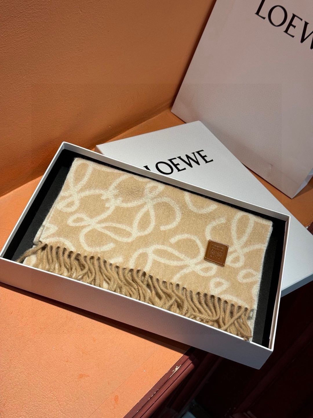 camel wool floral Scarf for women - alternate angle view 4