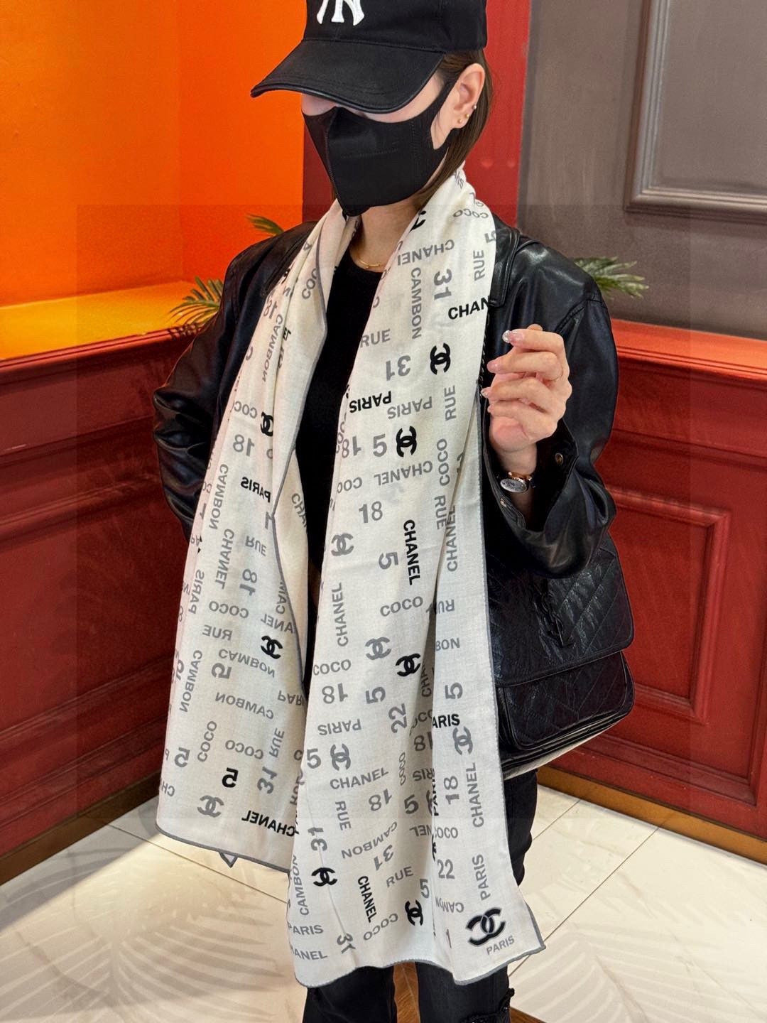 black and white velvet floral Silk Scarf for women - product detail view