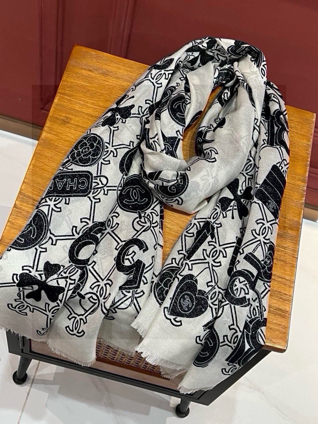 silver velvet floral Scarf for women - alternate angle view 5