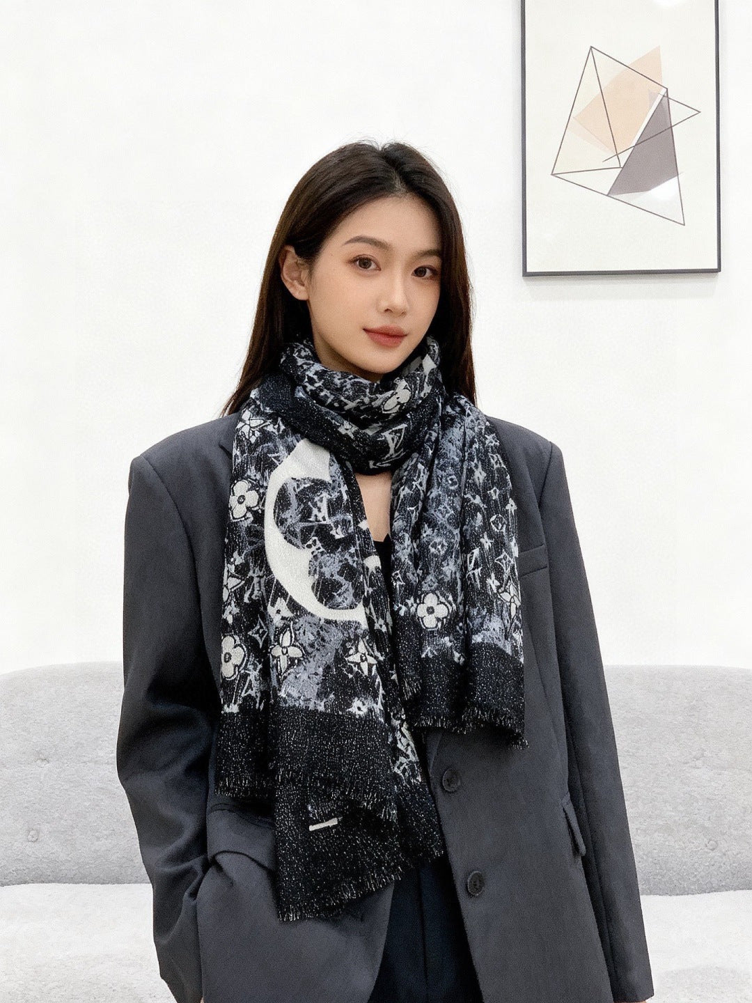 silver velvet floral Scarf for women - alternate angle view 2