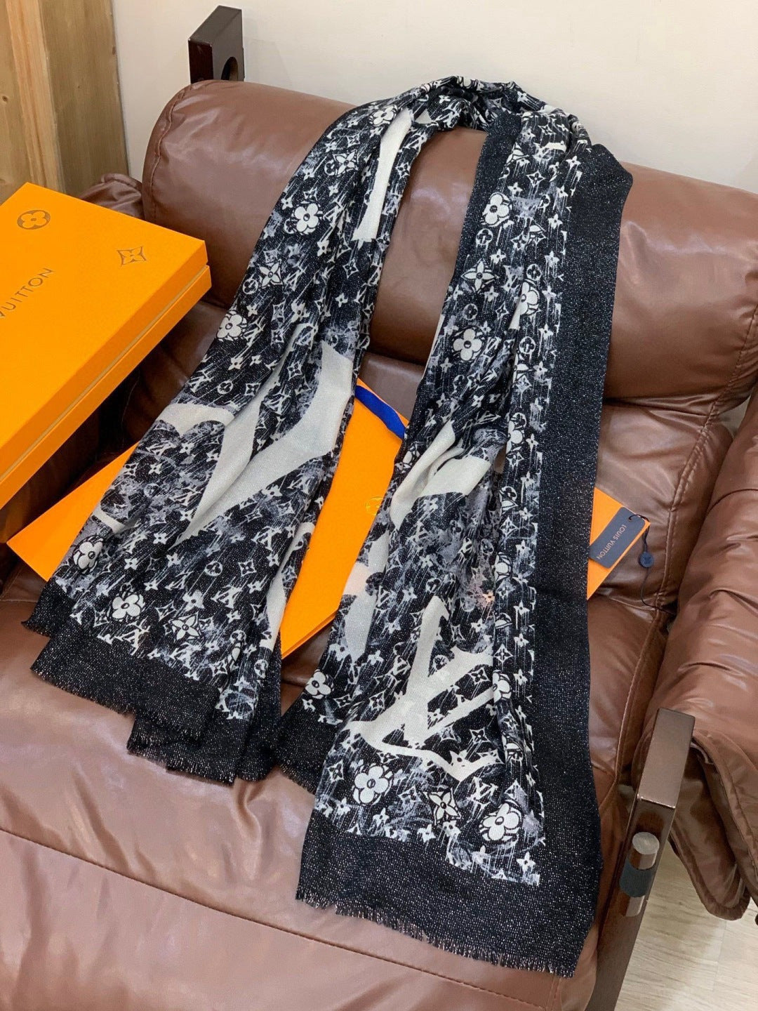 silver velvet floral Scarf for women - alternate angle view 4