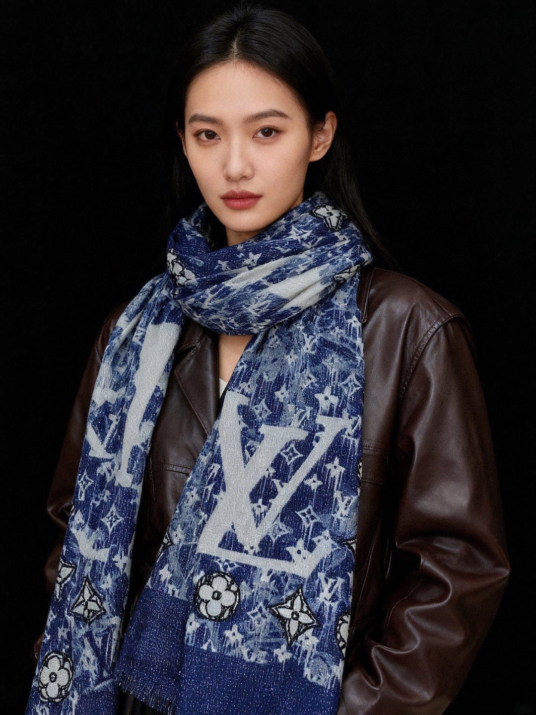 silver velvet floral Scarf for women - product detail view
