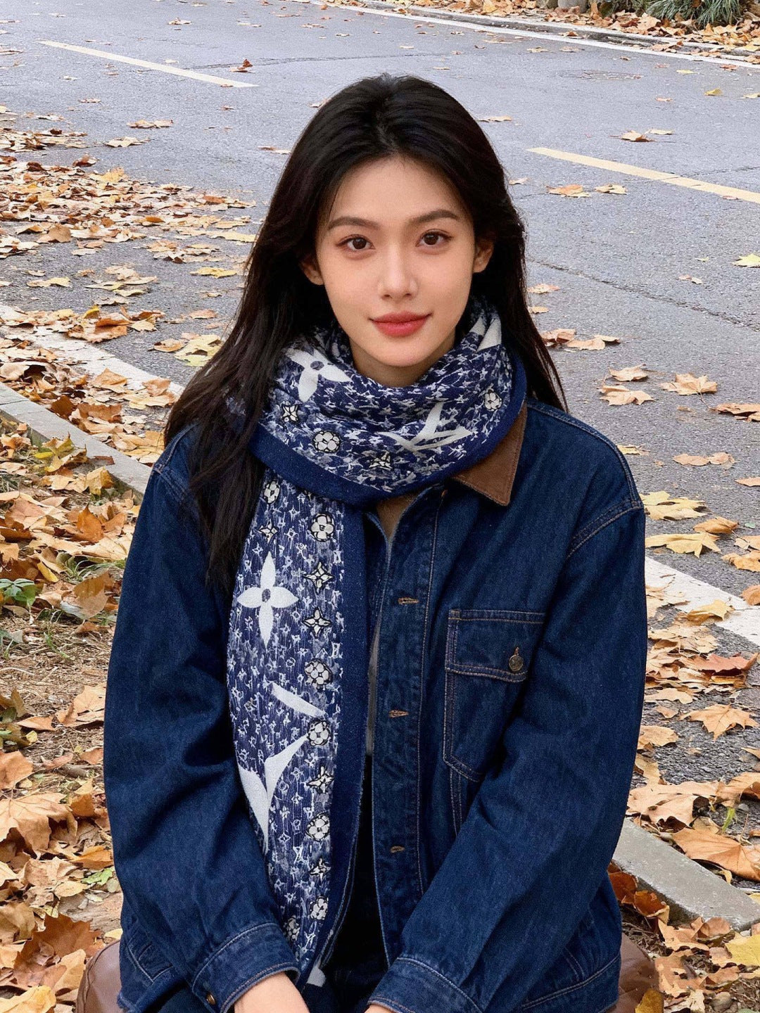 silver velvet floral Scarf for women - alternate angle view 2