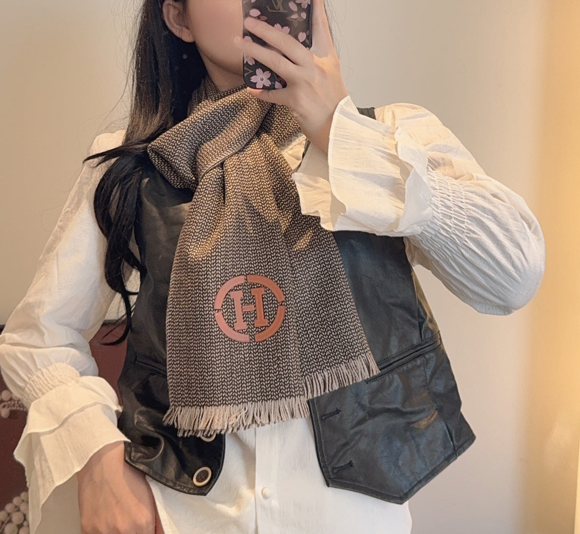 beige leather letter Scarf for women - product detail view