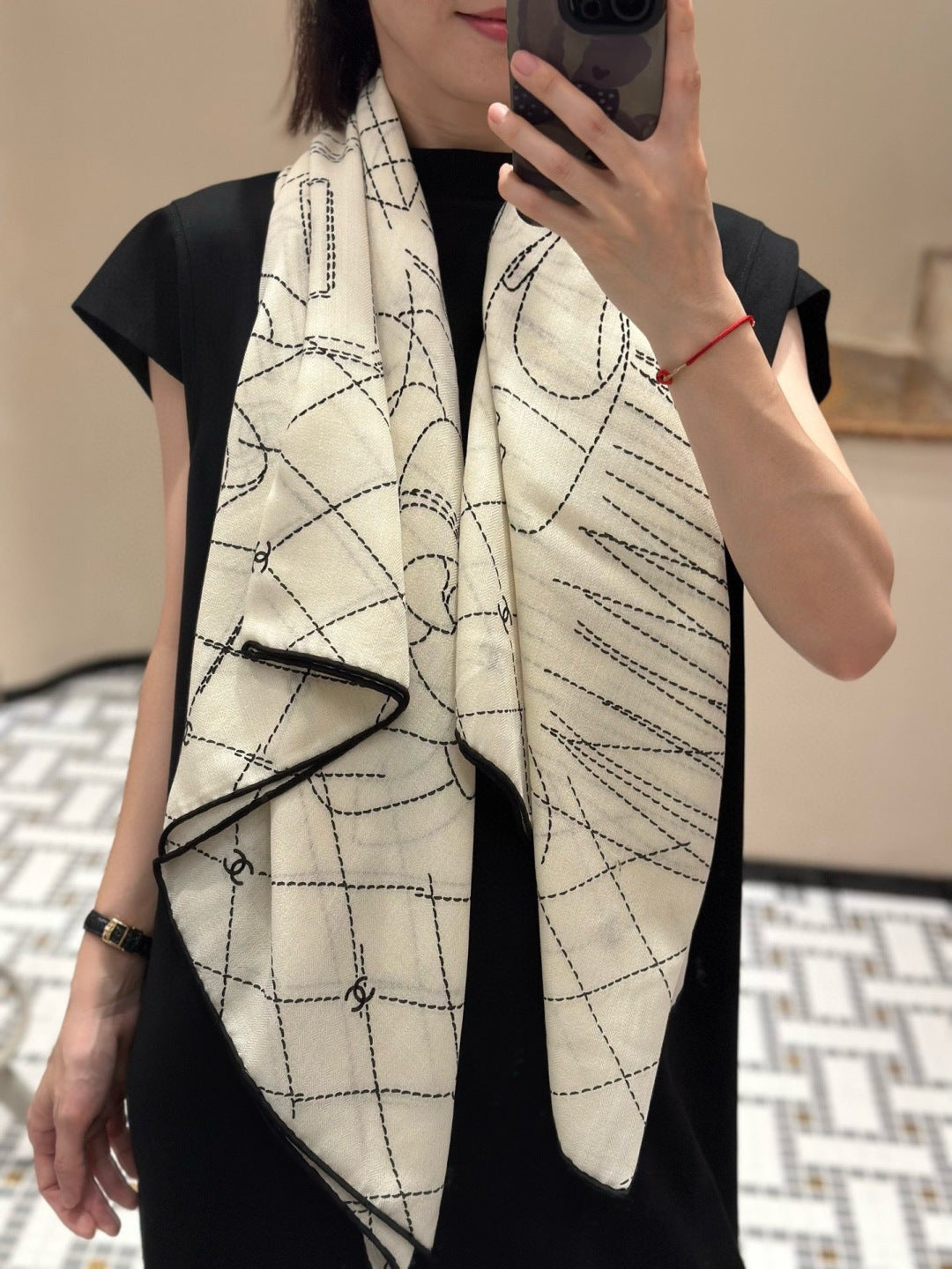 black and white floral Silk Scarf for women - alternate angle view 2