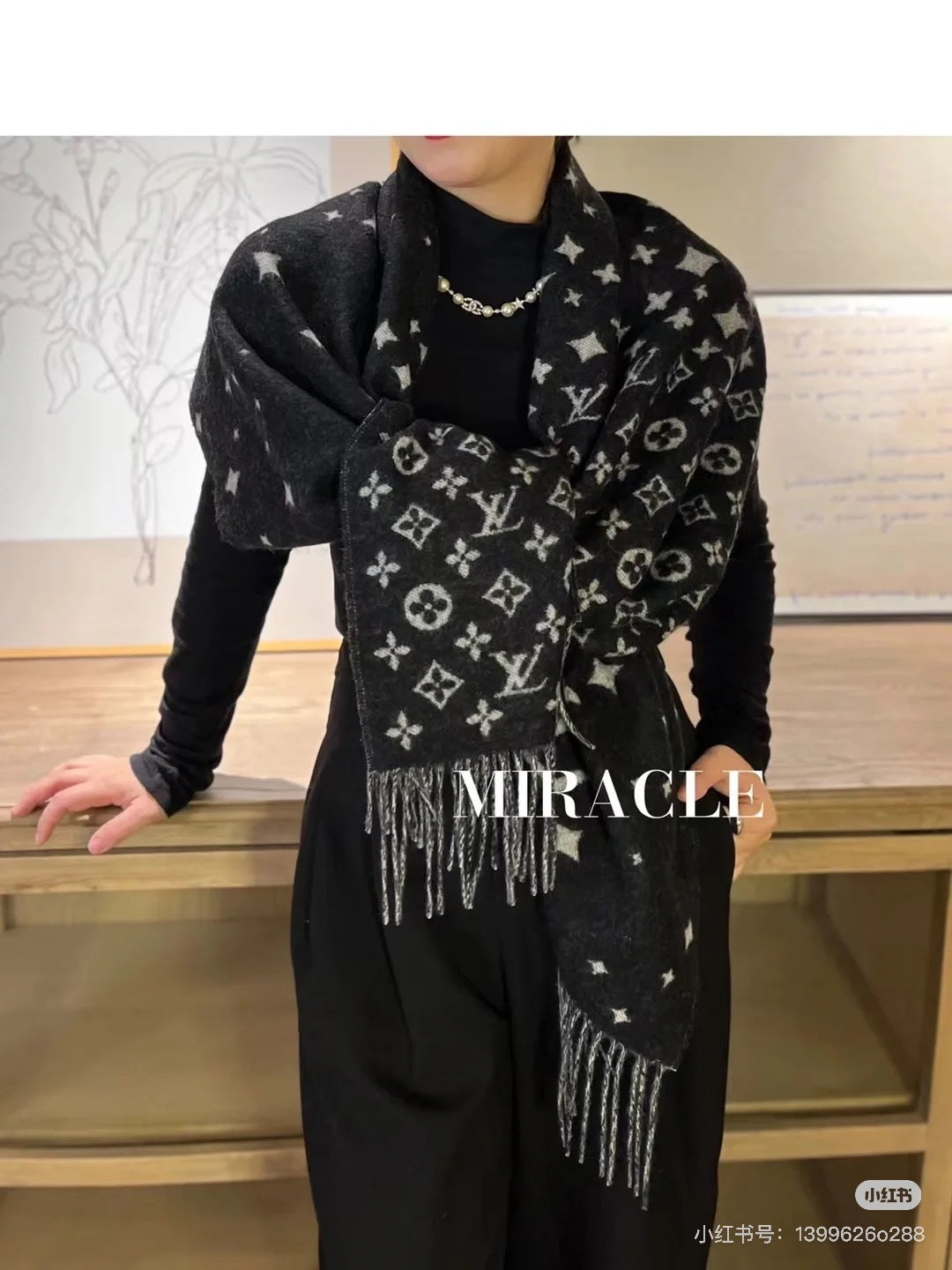 black and white velvet floral Shawl for women - alternate angle view 2