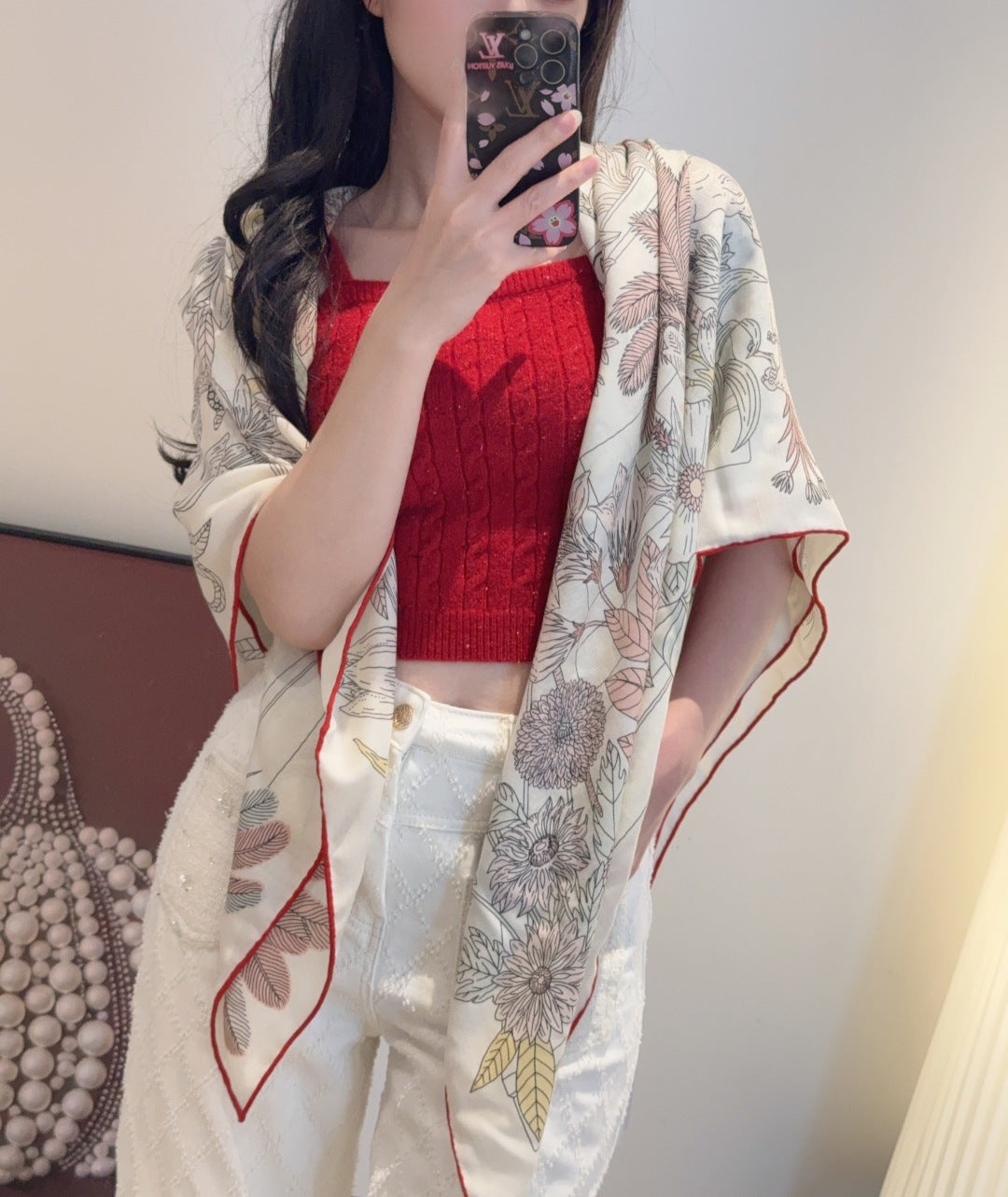 beige velvet handmade Shawl for women - product detail view