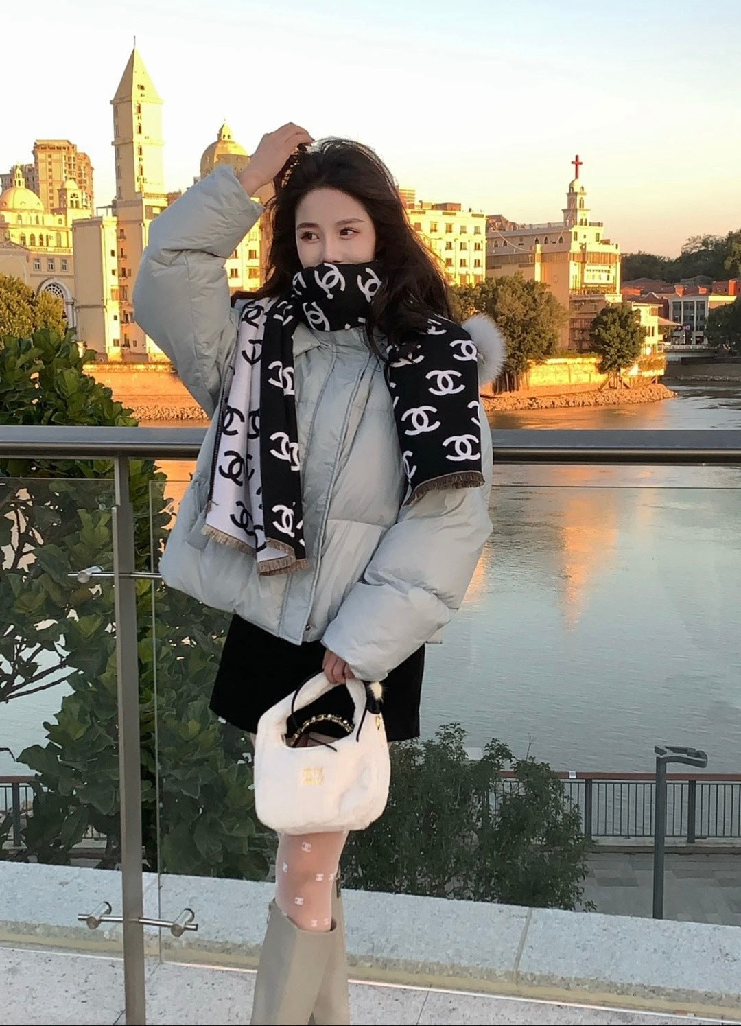 beige leather luxury Scarf for women - product detail view