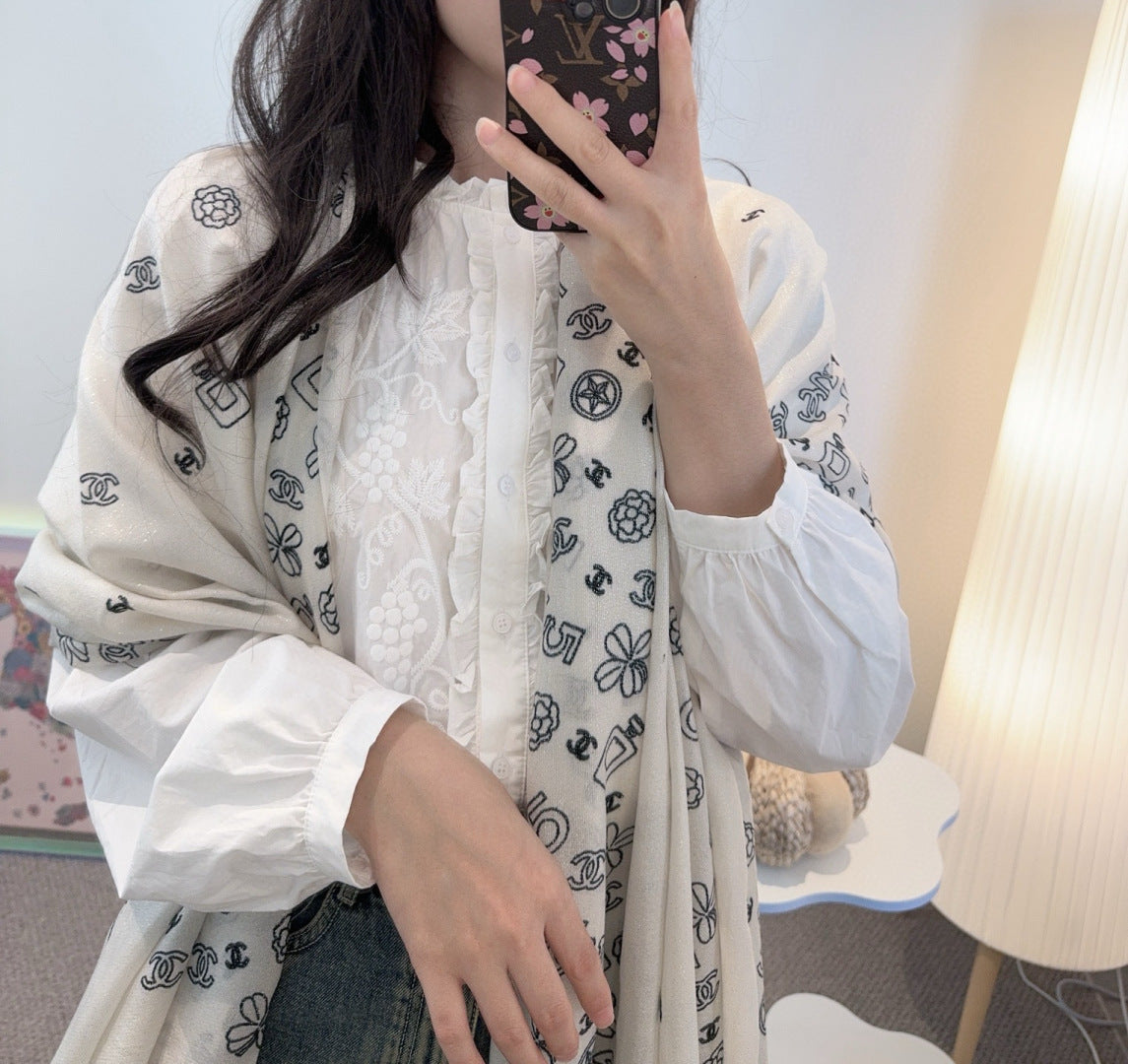 white velvet inlaid Shawl for women - alternate angle view 2