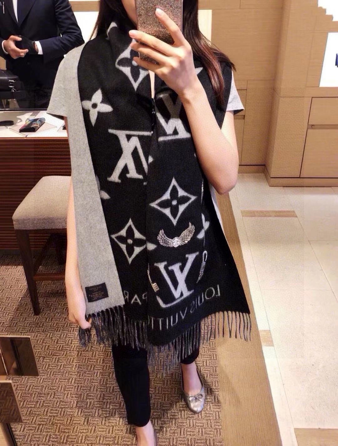 black and white velvet floral Scarf for women - product detail view