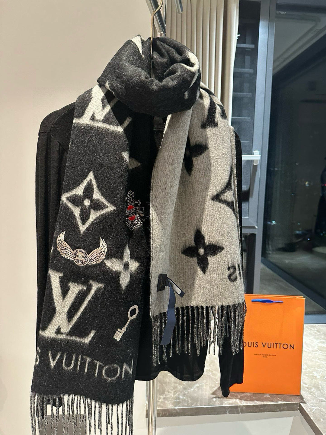 black and white velvet floral Scarf for women - alternate angle view 7