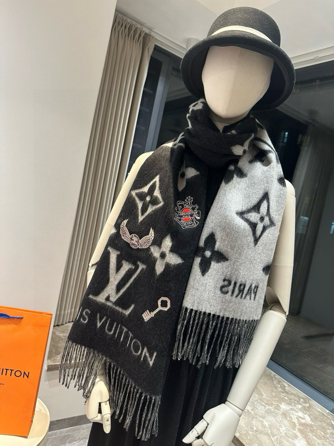 black and white velvet floral Scarf for women - alternate angle view 8