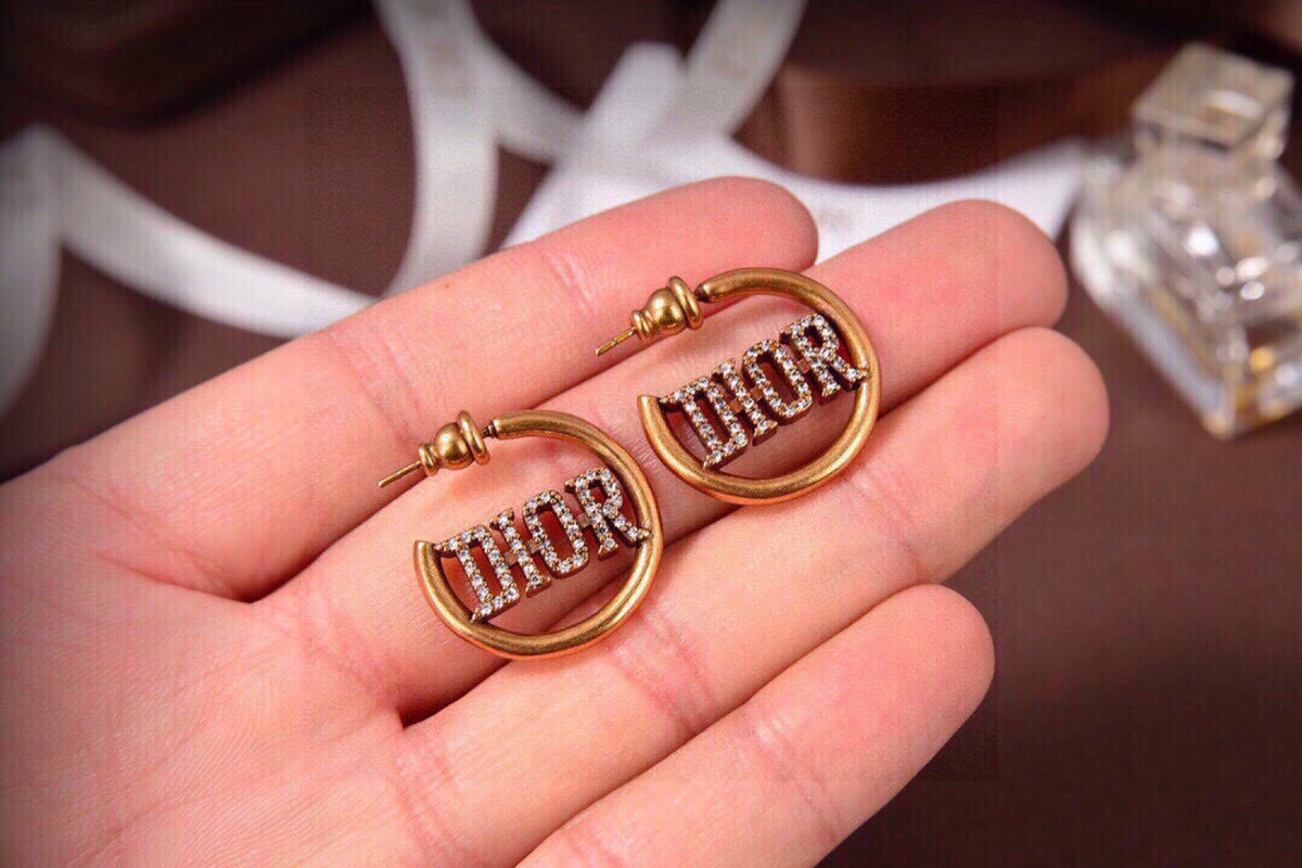 yellow brass letter Stud Earrings for women - alternate angle view 4