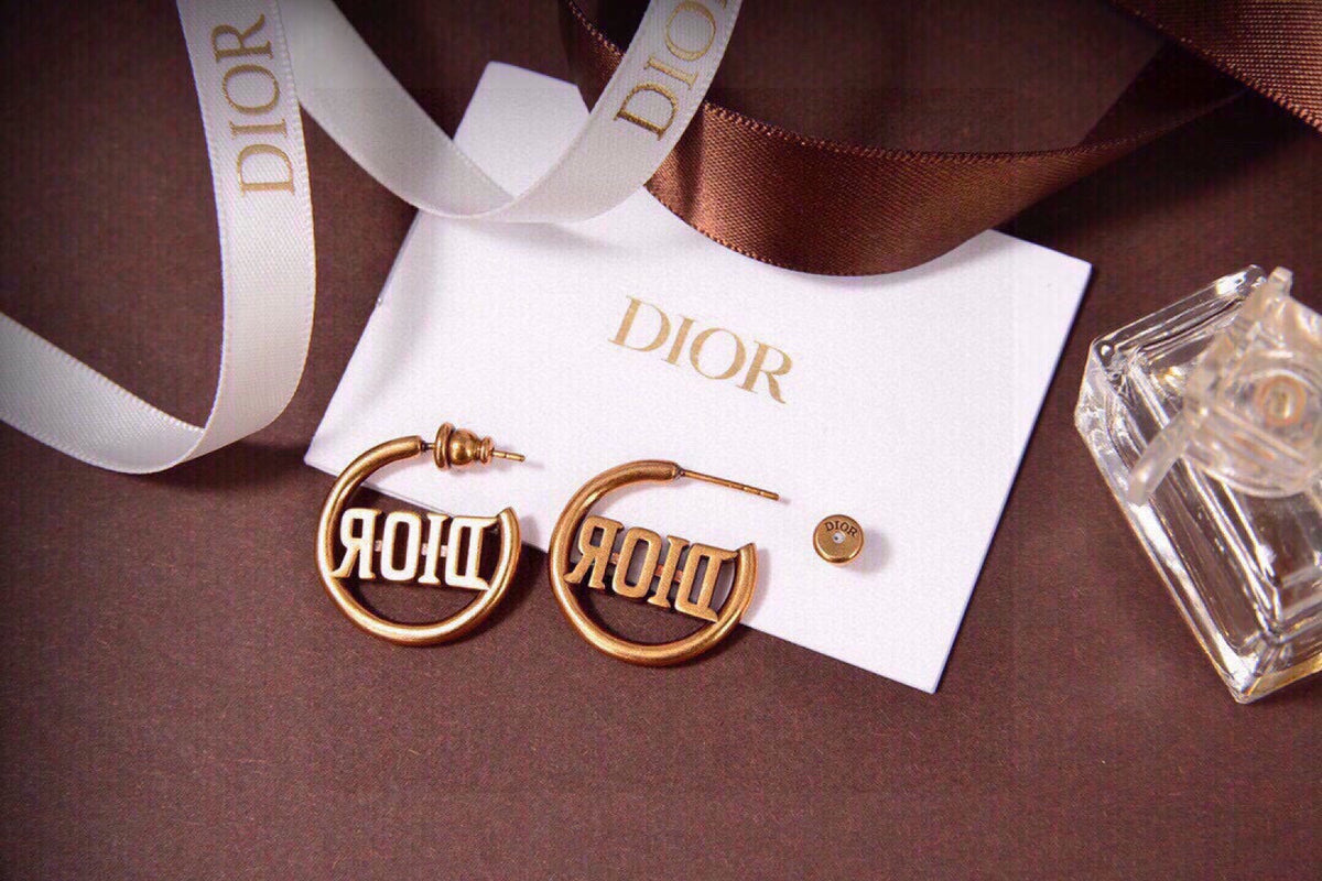 yellow brass letter Stud Earrings for women - alternate angle view 2
