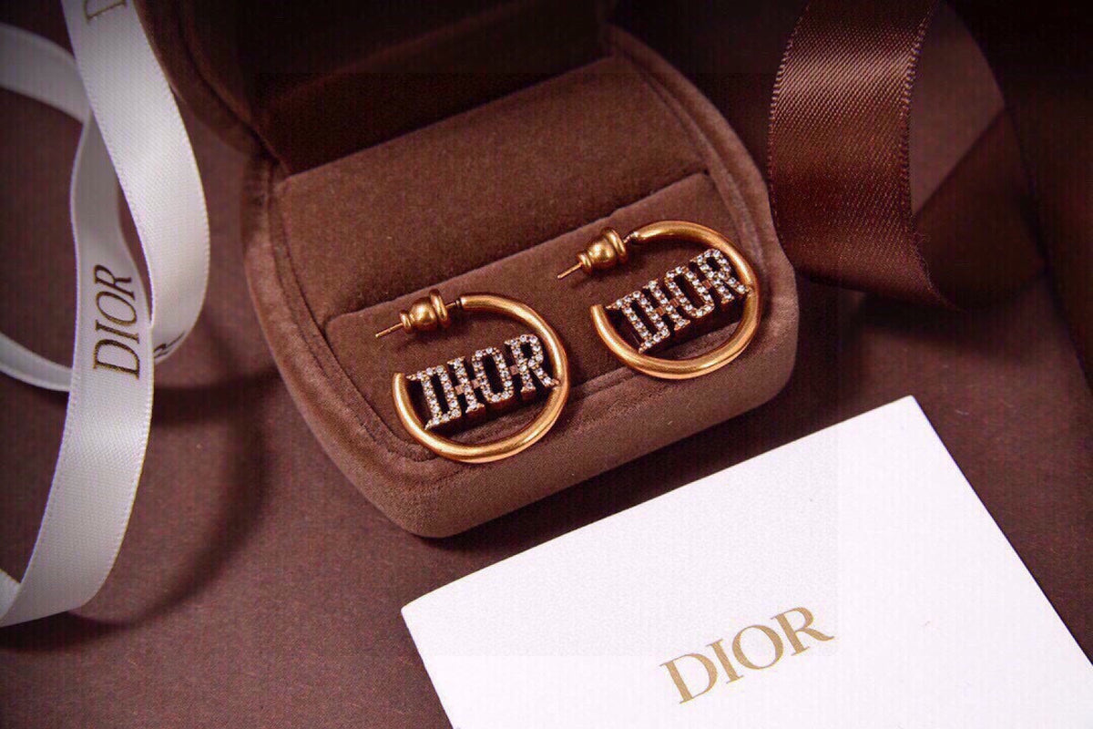 yellow brass letter Stud Earrings for women - alternate angle view 3