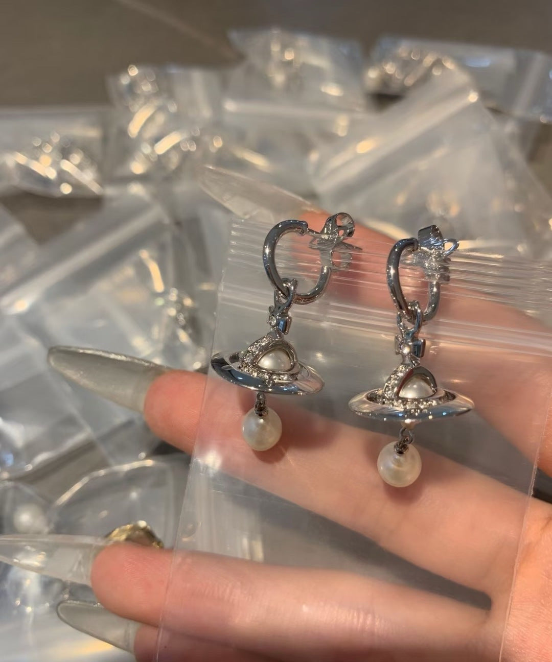 pink punk Drop Earrings for women - alternate angle view 4
