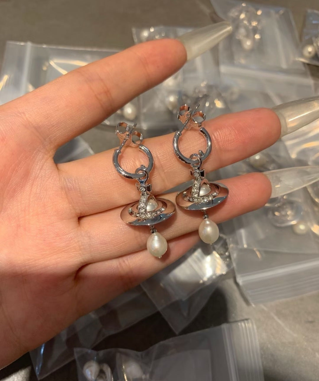 pink punk Drop Earrings for women - alternate angle view 3