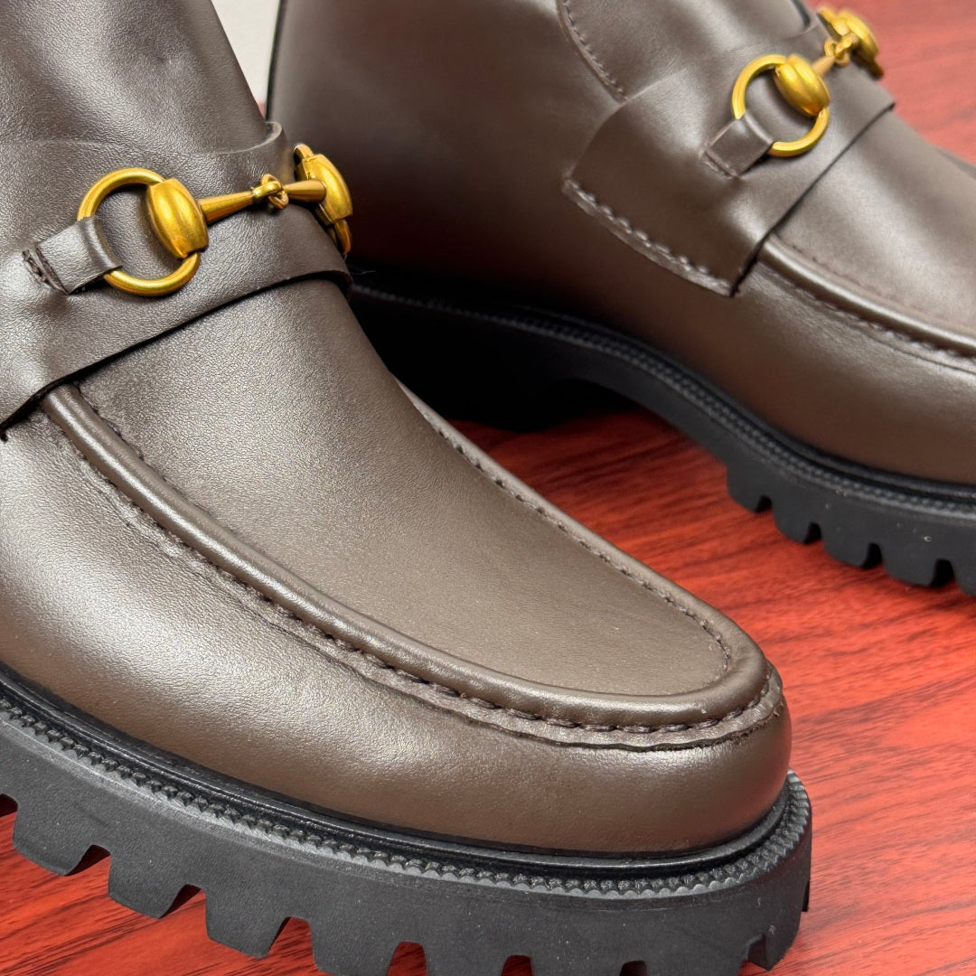 Gucci Men's Horsebit Chunky Ankle Boots Coffee