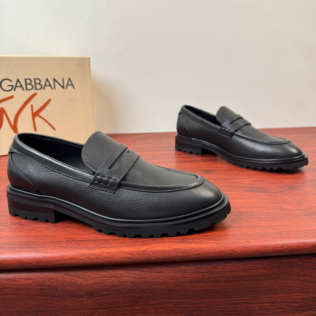 Dolce & Gabbana DG Men's Pebbled Leather Loafers with Black Web Strap