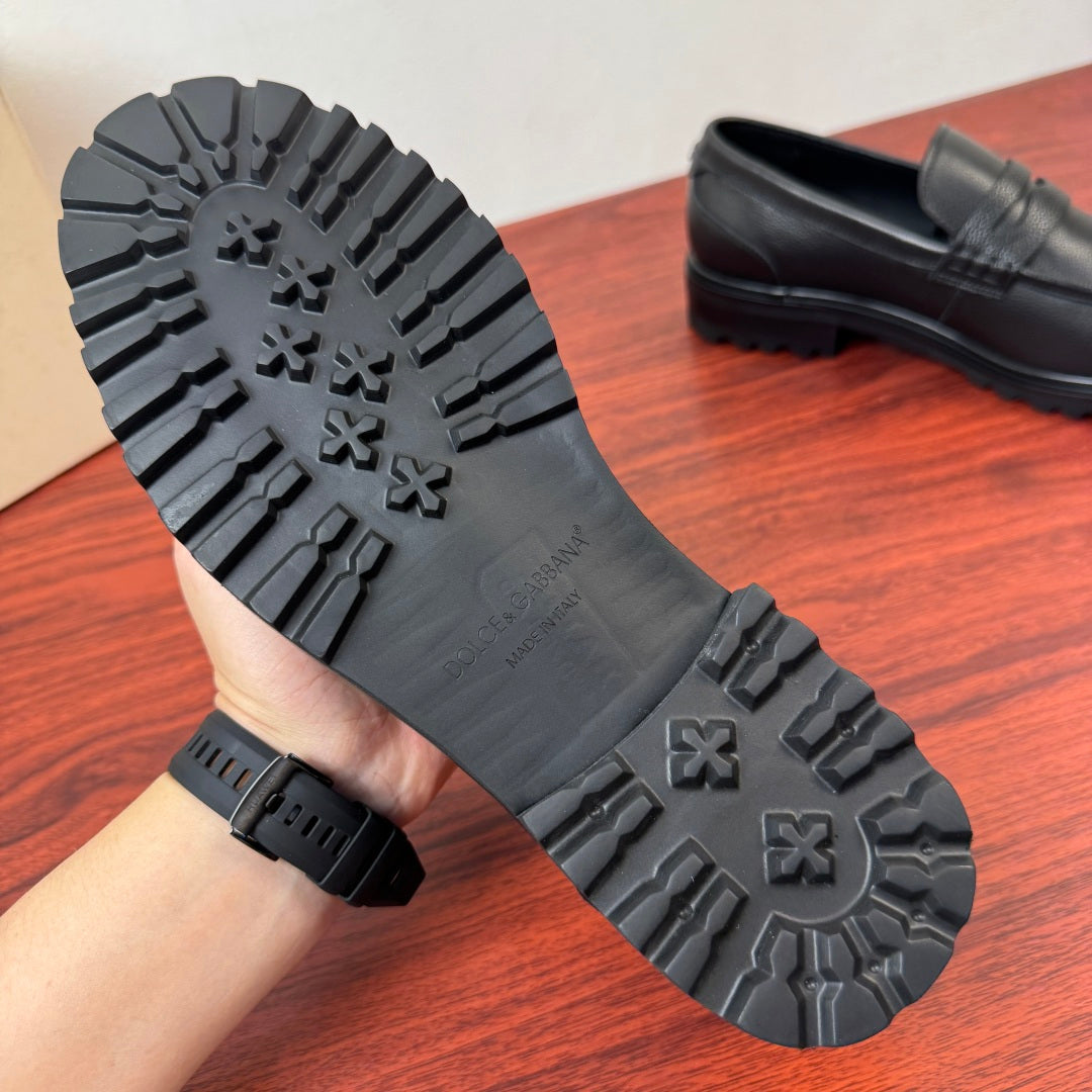 Dolce & Gabbana DG Men's Pebbled Leather Loafers with Black Web Strap