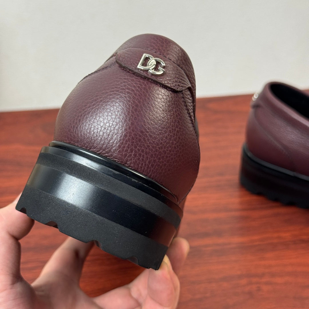 Dolce & Gabbana DG Men's Pebbled Leather Loafers with Black Web Strap Burgundy