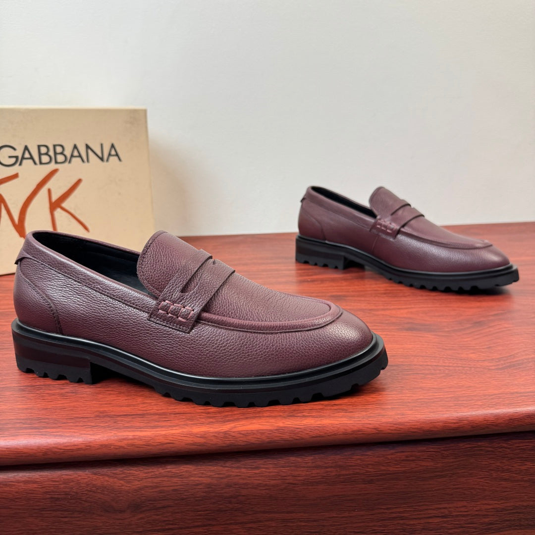 Dolce & Gabbana DG Men's Pebbled Leather Loafers with Black Web Strap Burgundy