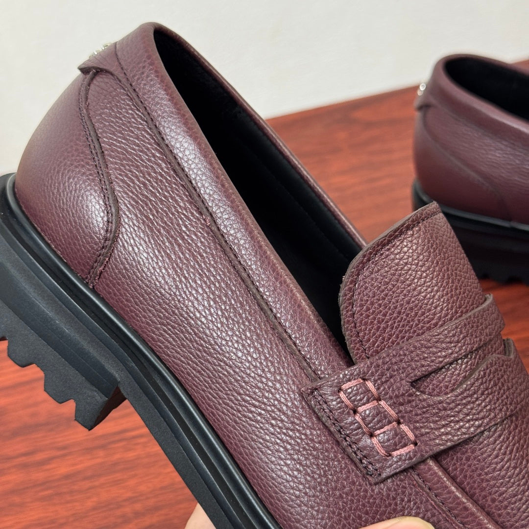 Dolce & Gabbana DG Men's Pebbled Leather Loafers with Black Web Strap Burgundy
