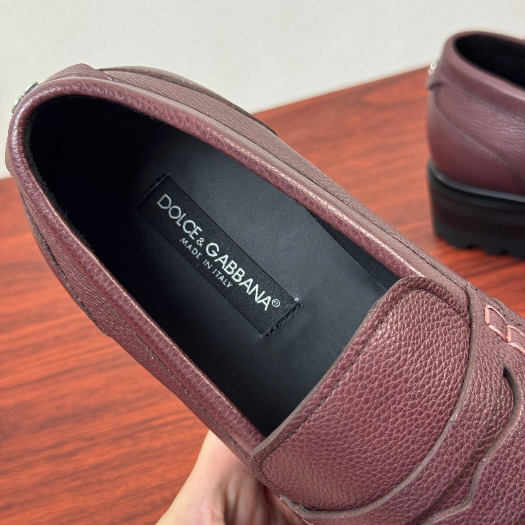 Dolce & Gabbana DG Men's Pebbled Leather Loafers with Black Web Strap Burgundy