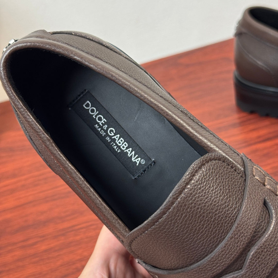 Dolce & Gabbana DG Men's Pebbled Leather Loafers with Black Web Strap Coffee
