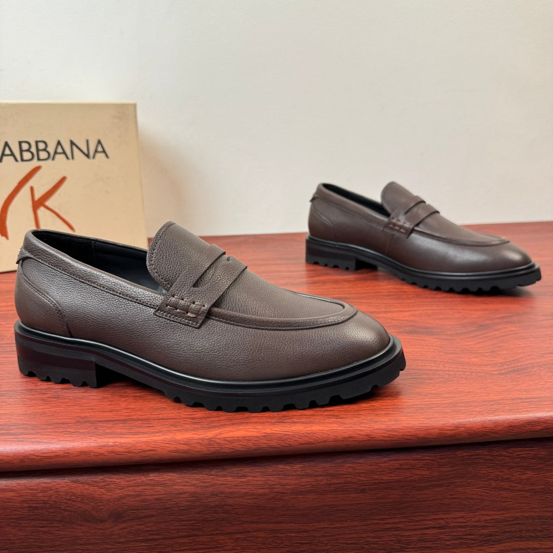 Dolce & Gabbana DG Men's Pebbled Leather Loafers with Black Web Strap Coffee