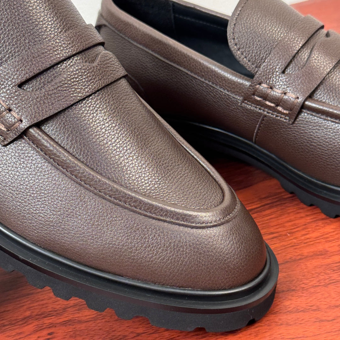Dolce & Gabbana DG Men's Pebbled Leather Loafers with Black Web Strap Coffee