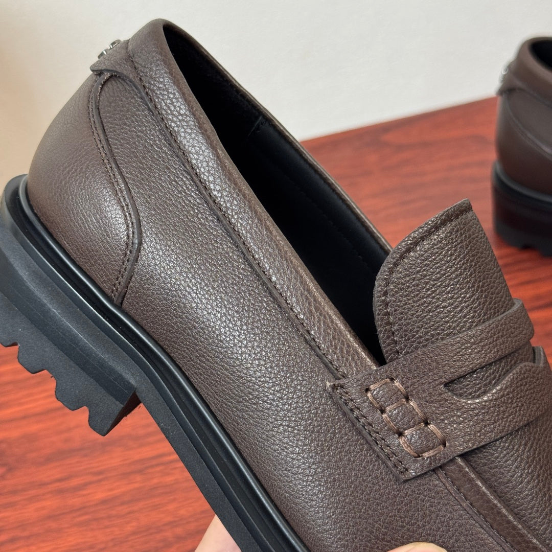 Dolce & Gabbana DG Men's Pebbled Leather Loafers with Black Web Strap Coffee