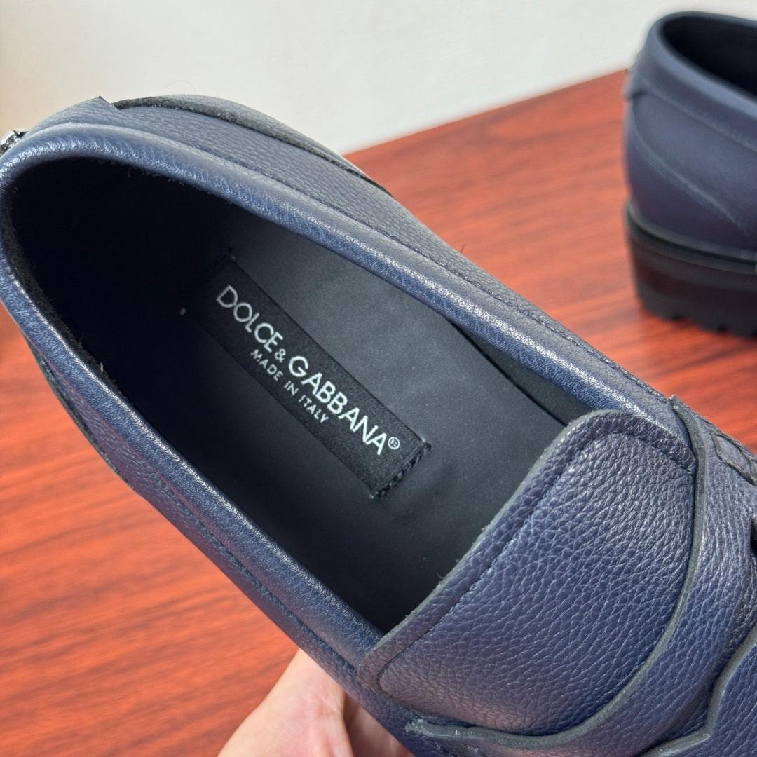 Dolce & Gabbana DG Men's Pebbled Leather Loafers with Black Web Strap Blue