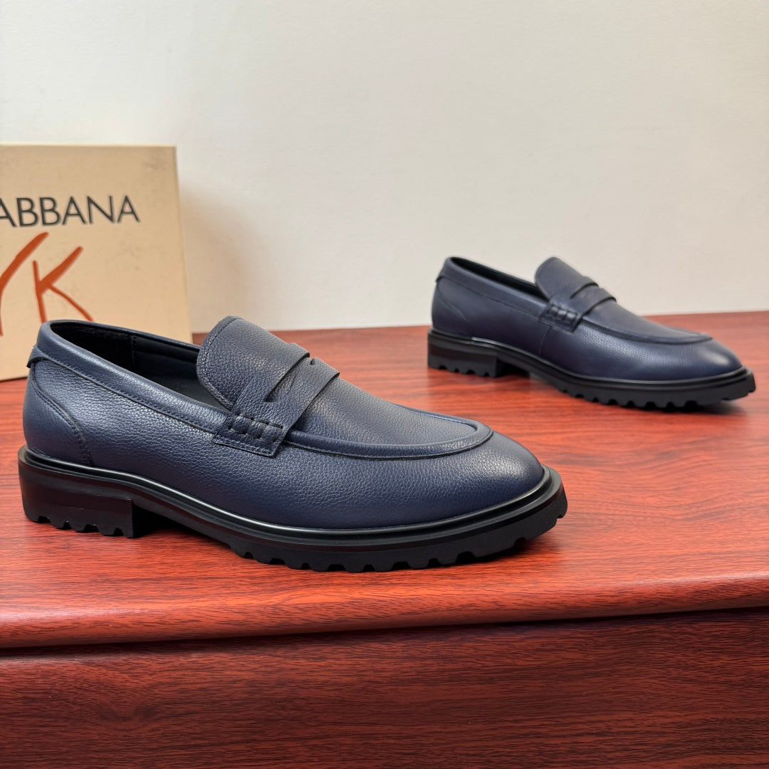 Dolce & Gabbana DG Men's Pebbled Leather Loafers with Black Web Strap Blue