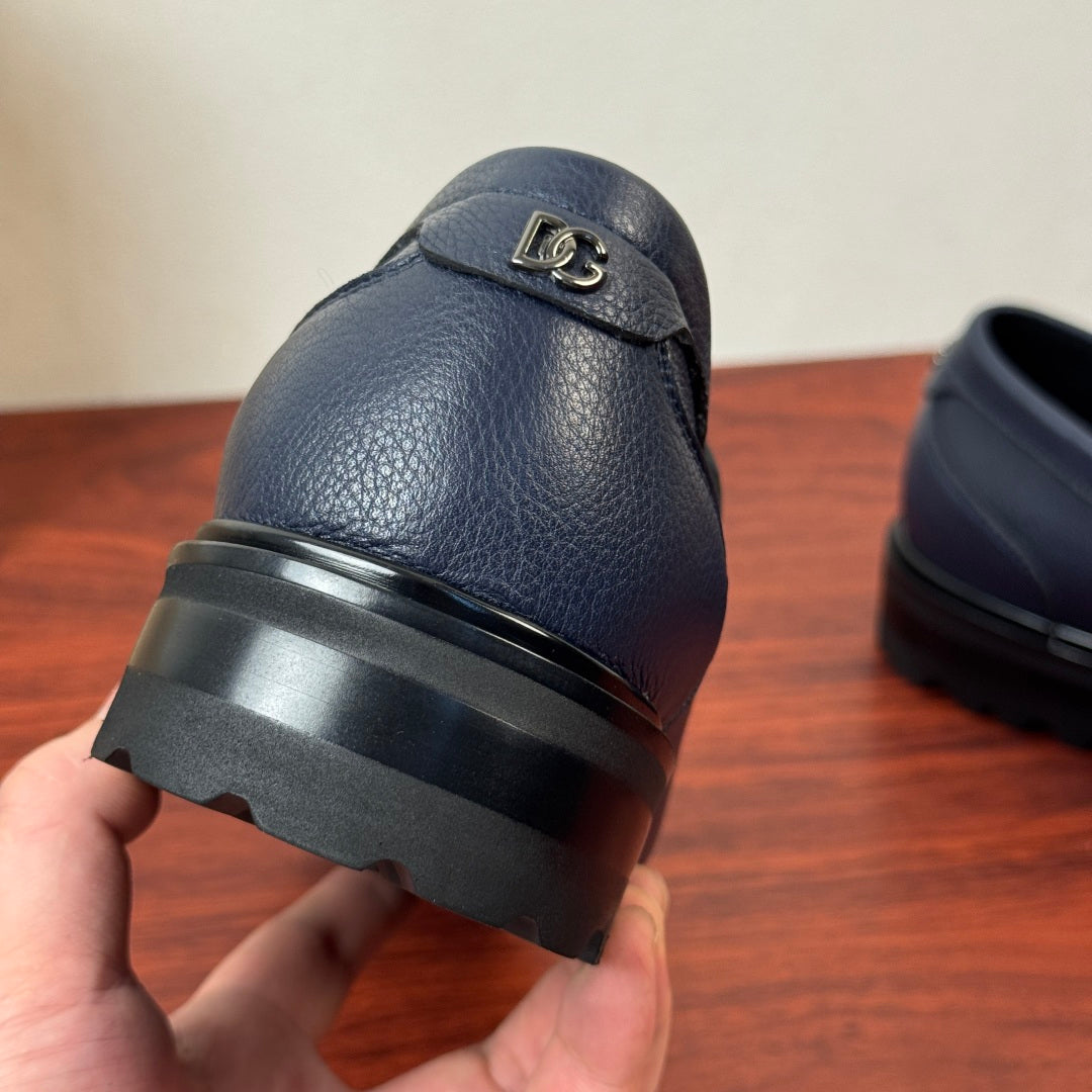 Dolce & Gabbana DG Men's Pebbled Leather Loafers with Black Web Strap Blue