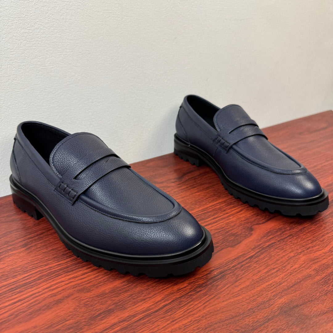 Dolce & Gabbana DG Men's Pebbled Leather Loafers with Black Web Strap Blue