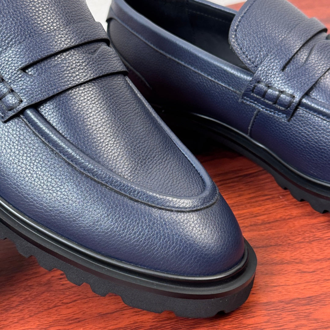 Dolce & Gabbana DG Men's Pebbled Leather Loafers with Black Web Strap Blue