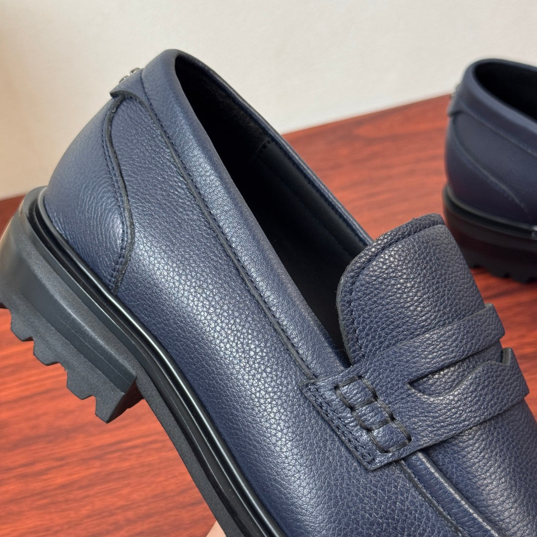 Dolce & Gabbana DG Men's Pebbled Leather Loafers with Black Web Strap Blue