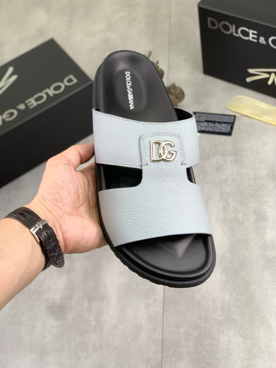Dolce & Gabbana DG Men's Handcrafted Calfskin Slides Multi-Color